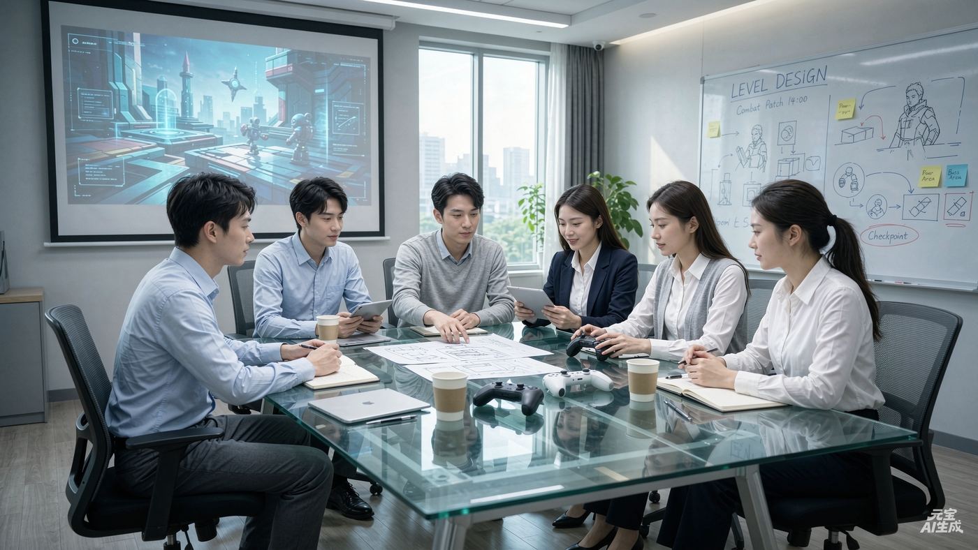 腾龙游戏研发团队在会议室讨论游戏原型方案